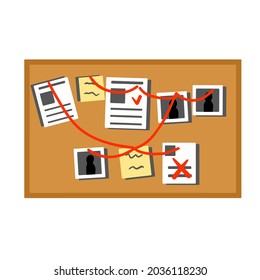 Board With Papers, Photos And Documents And Red Thread Or Rope. Decoration For Investigation And Detective. Deduction And Logical Thinking. Flat Cartoon