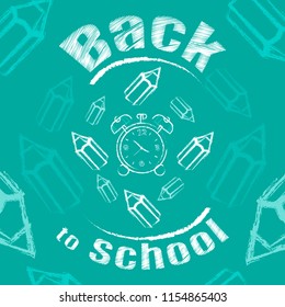 Board with pencils and chalk-drawn clock. Back to school