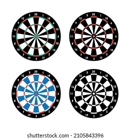 Tablero para jugar dardos con fondo clásico, azul, negro y blanco. Ilustración de material vectorial.