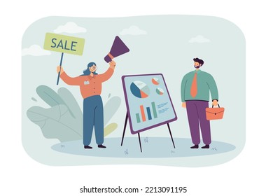 Board presentation with business analysis for businessman. Tiny woman with megaphone and sale sign flat vector illustration. Office, performance concept for banner, website design or landing web page