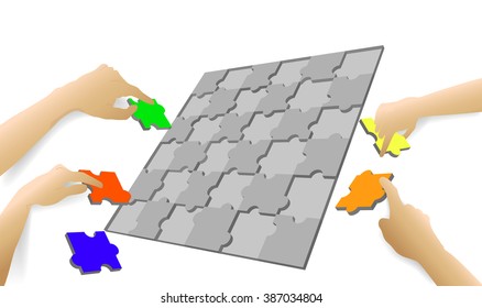 Board with puzzle and four hands