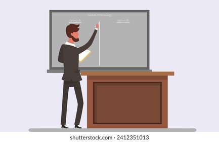 Board Race and Teacher Writing on White Board for Board Race Game, Teacher writing on board with Marker separating class in 2 groups. Class Competition by Word Race Game in Class Competition Game in 2