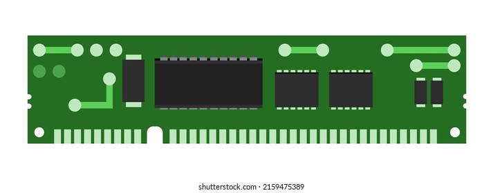 Hauptplatine RAM-Speicher. Ersatzteil für den PC. Einzeln auf weißem Hintergrund. PC- oder Laptop-Zubehör. Vektorgrafik.