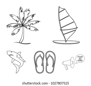 Board with a sail, a palm tree on the shore, slippers, a white shark. Surfing set collection icons in outline style vector symbol stock illustration web.