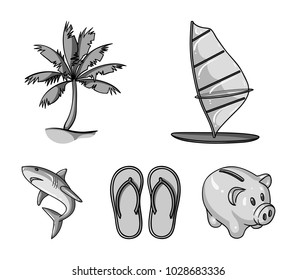 Board with a sail, a palm tree on the shore, slippers, a white shark. Surfing set collection icons in monochrome style vector symbol stock illustration web.