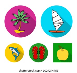 Board with a sail, a palm tree on the shore, slippers, a white shark. Surfing set collection icons in flat style vector symbol stock illustration web.