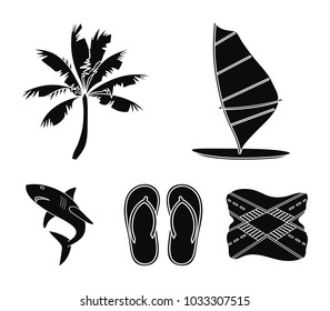 Board with a sail, a palm tree on the shore, slippers, a white shark. Surfing set collection icons in black style vector symbol stock illustration web.