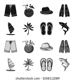 Board with a sail, a palm tree on the shore, slippers, a white shark. Surfing set collection icons in black,monochrome style vector symbol stock illustration web.