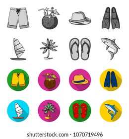 Board with a sail, a palm tree on the shore, slippers, a white shark. Surfing set collection icons in monochrome,flat style vector symbol stock illustration web.