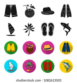 Board with a sail, a palm tree on the shore, slippers, a white shark. Surfing set collection icons in black,flet style vector symbol stock illustration web.
