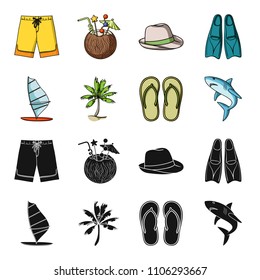 Board with a sail, a palm tree on the shore, slippers, a white shark. Surfing set collection icons in black,cartoon style vector symbol stock illustration web.