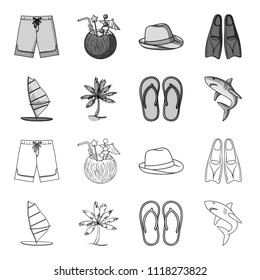 Board with a sail, a palm tree on the shore, slippers, a white shark. Surfing set collection icons in outline,monochrome style vector symbol stock illustration web.