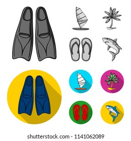 Board with a sail, a palm tree on the shore, slippers, a white shark. Surfing set collection icons in monochrome,flat style vector symbol stock illustration web.