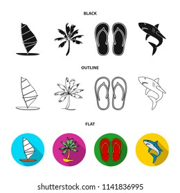 Board with a sail, a palm tree on the shore, slippers, a white shark. Surfing set collection icons in black,flat,outline style vector symbol stock illustration web.