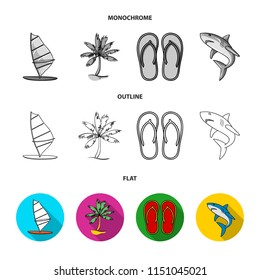 Board with a sail, a palm tree on the shore, slippers, a white shark. Surfing set collection icons in flat,outline,monochrome style vector symbol stock illustration web.
