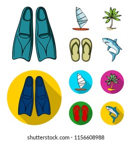 Board with a sail, a palm tree on the shore, slippers, a white shark. Surfing set collection icons in cartoon,flat style vector symbol stock illustration web.