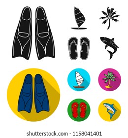 Board with a sail, a palm tree on the shore, slippers, a white shark. Surfing set collection icons in black,flat style vector symbol stock illustration web.