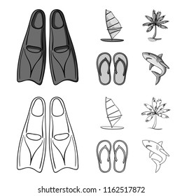 Board with a sail, a palm tree on the shore, slippers, a white shark. Surfing set collection icons in outline,monochrome style vector symbol stock illustration web.