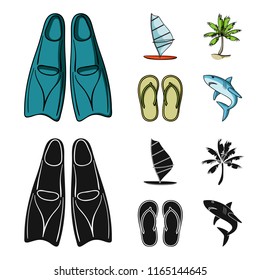 Board with a sail, a palm tree on the shore, slippers, a white shark. Surfing set collection icons in cartoon,black style vector symbol stock illustration web.