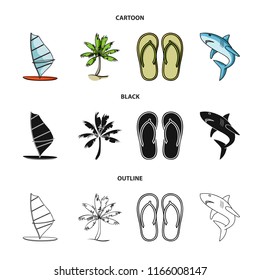 Board with a sail, a palm tree on the shore, slippers, a white shark. Surfing set collection icons in cartoon,black,outline style vector symbol stock illustration web.