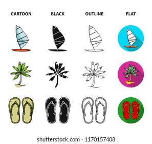 Board with a sail, a palm tree on the shore, slippers, a white shark. Surfing set collection icons in cartoon,black,outline,flat style vector symbol stock illustration web.