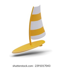 Board with sail, surfing. Yellow device for surfing waves. Modern water sports. Active training near shore. Isolated realistic color vector illustration