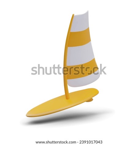 Board with sail, surfing. Yellow device for surfing waves. Modern water sports. Active training near shore. Isolated realistic color vector illustration