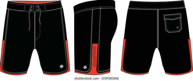 Board Shorts Design Vector Template, Swim Shorts Concept With Front And Back View For Surfing, Swimming, Soccer, Basketball, Volleyball, Tennis, Badminton And Running Active Wear Shorts Design.