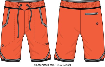 Board Shorts design vector template, Swim shorts concept with front and back view for Surfing, Swimming, Soccer, basketball, Volleyball, tennis, badminton and running active wear shorts design.