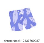 Board shorts with Hawaiian pattern for sea resort. Swimming pants for summer holidays. Beach clothes, beachwear to tropical travel, trip, tour. Flat isolated vector illustration on white background