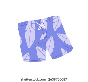 Board shorts with Hawaiian pattern for sea resort. Swimming pants for summer holidays. Beach clothes, beachwear to tropical travel, trip, tour. Flat isolated vector illustration on white background