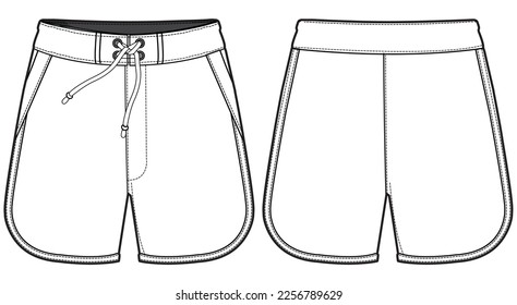 Board Sports design front and back view flat sketch fashion illustration, Swim short vector template cad drawing