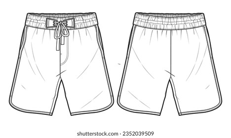 Board Sports design front and back view flat sketch fashion illustration, Swim short vector template cad drawing