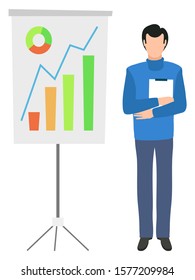Board with statistical data information, color graphs and charts and faceless guy with folder in hands isolated cartoon character. Vector join to our team poster