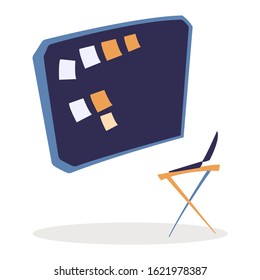 Board with sticker and laptop wireless device for tasks appointments and successfully organizing. Reminder desktop in blue color with paper label and computer equipment for office manager vector