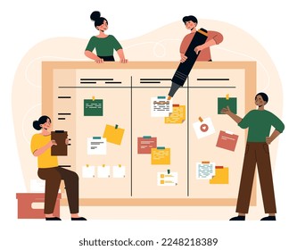 Tablero con notas pegajosas en equipo. Planificación y fijación de objetivos. Hombres y mujeres organizan el proceso de trabajo, la gestión del tiempo. Motivación y tareas. Cooperación y asociación. Dibujo vectorial plano de dibujos animados
