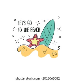 board to surf on a sandy beach in vector format for t-shirt print, isolated on white background
