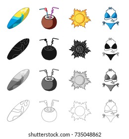 Board for surfing, cocktail on vacation, summer sun, swimsuit. Summer rest set collection icons in cartoon black monochrome outline style vector symbol stock isometric illustration web.