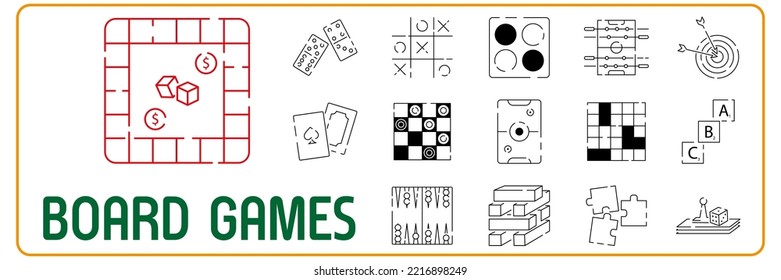 Board and table game linear icons set. Vector fun symbols. Activity