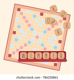 Board table wooden game for kids and adult. Making words from tile letters. Entertatinment for everybody. Toy for erudition. Vector illustration