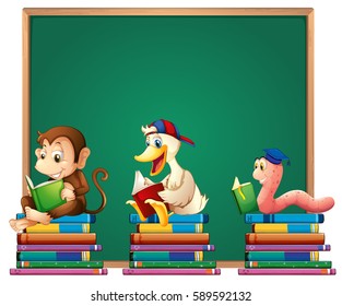 Board template with animals reading books illustration