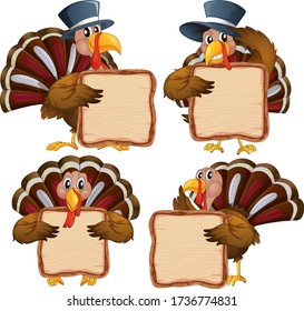 Board template with cute turkeys on white background illustration