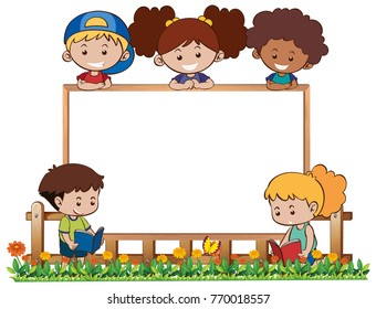 Board template with five kids in garden illustration