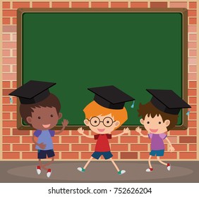 Board template with kids wearing graduation caps illustration