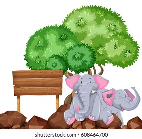 Board template with two elephants in garden illustration