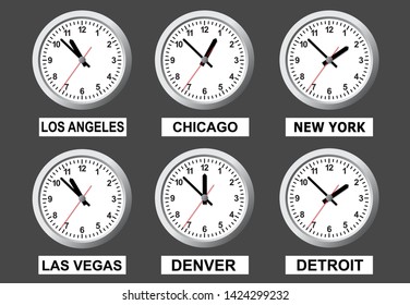 A board that shows the time in different cities of the world. Vector illustration.