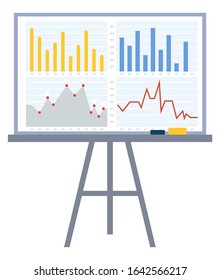Board used in presentation on meeting. Whiteboard with reports information and statistics. Charts and diagrams with timeline. Analysis of data in visual format. Explanation vector in flat style