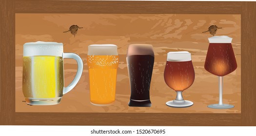 board with various glasses of light and dark beer