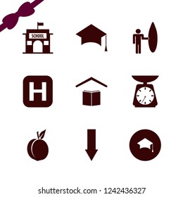 board vector icons set, graduation hat, surfer with board, school and kitchen scale