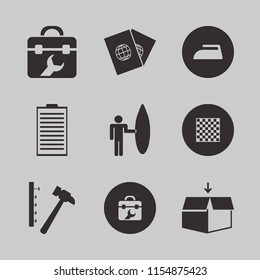 board vector icons set. with hammer nails, chess board, medical report and passports in set